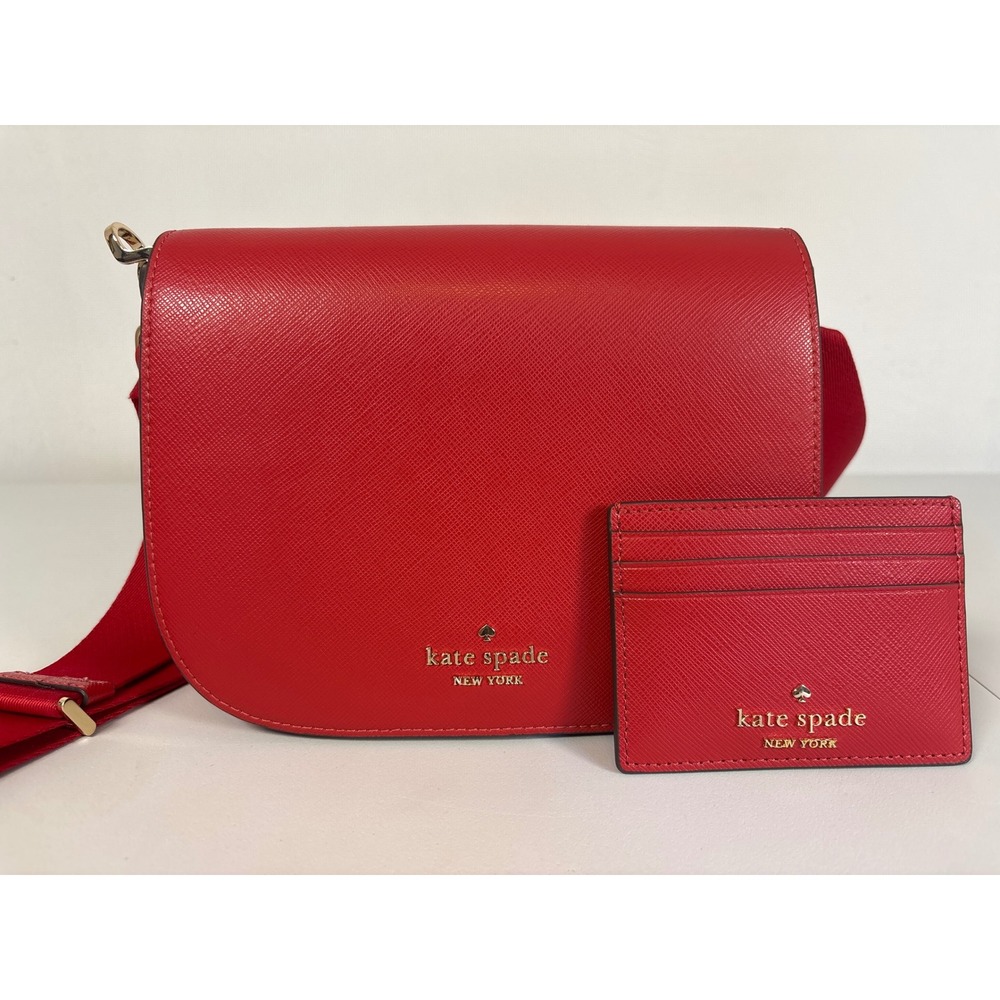 Kate Spade New York Red Saffiano Leather Crossbody Bag and Card Holder Set